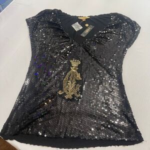 NEW Christian Audigier Womans Black Sequins Top W/ Gold Accents Size Small NWT